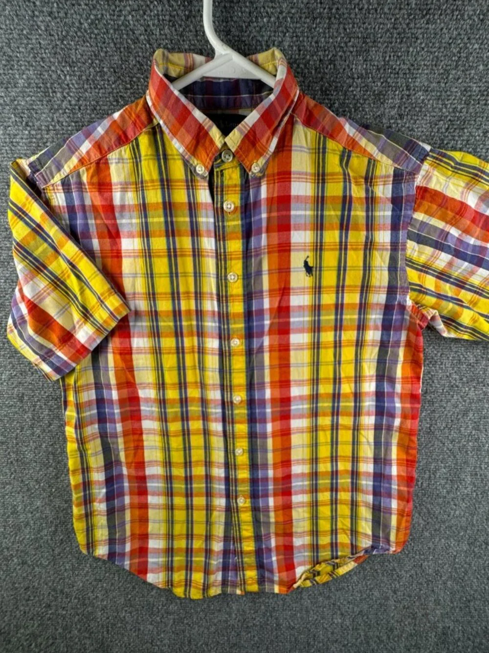 Ralph Lauren Boys Size Medium Button Up Shirt Short Sleeve Yellow Orange Plaid